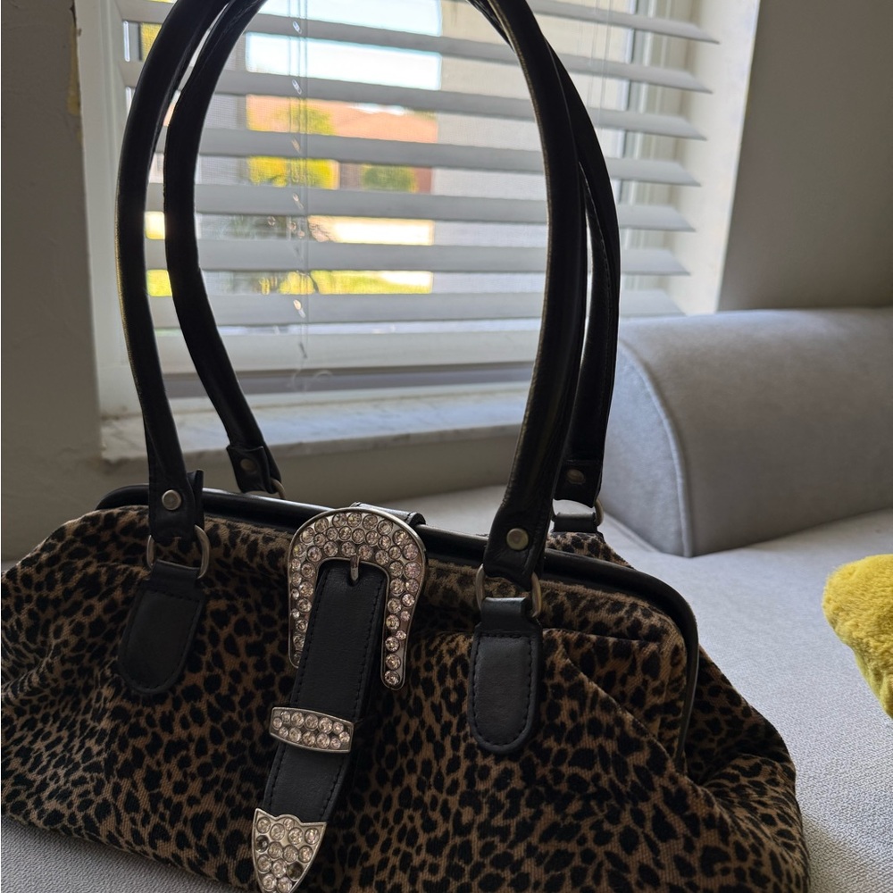Raviani Leopard Print Shoulder Bag with Black and Silver Accents